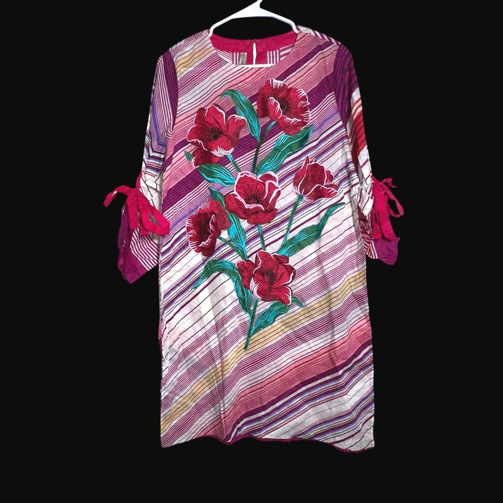 Ethnic by Outfitters Womens Pink Striped Floral Embroidered Tunic Dress M